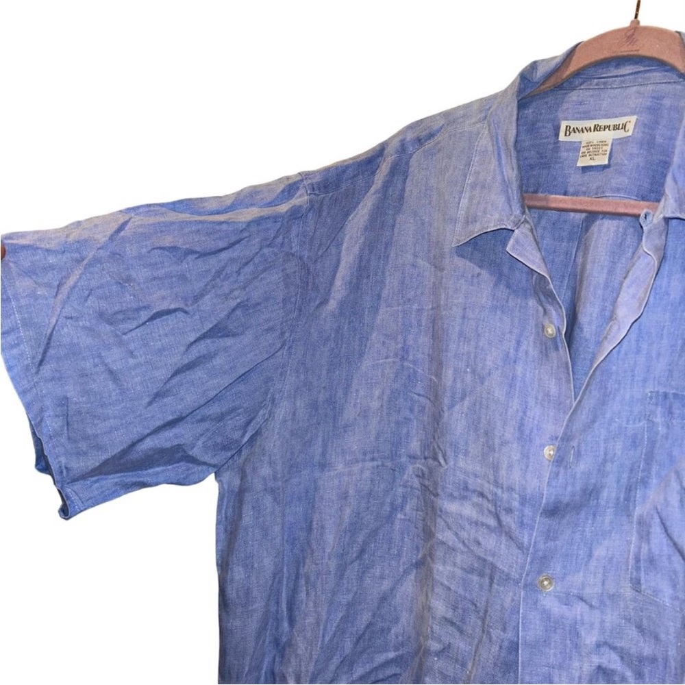 Banana Republic Vintage 100% Linen Chambray blue Button Short sleeved sh…